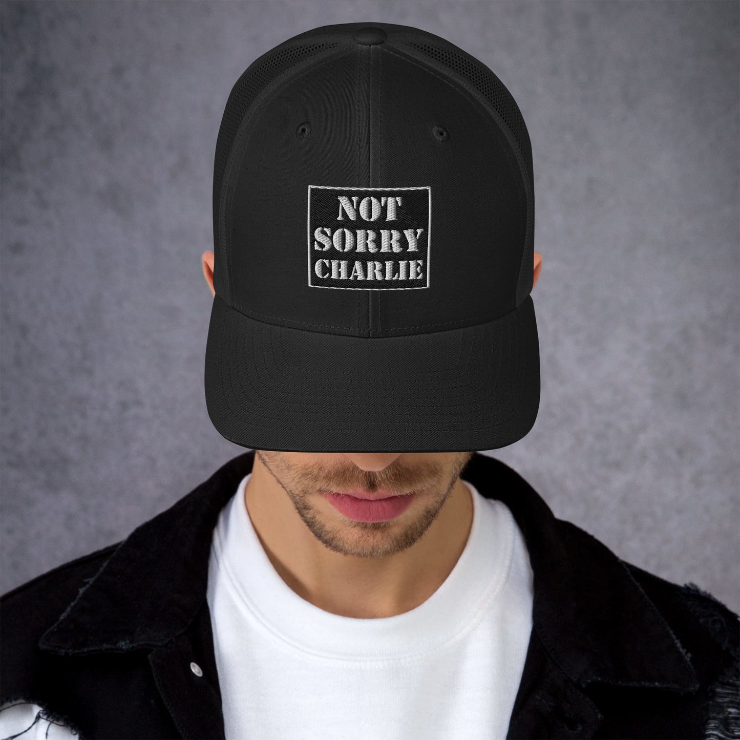“Not Sorry Charlie" Logo-Trucker  Cap- Black