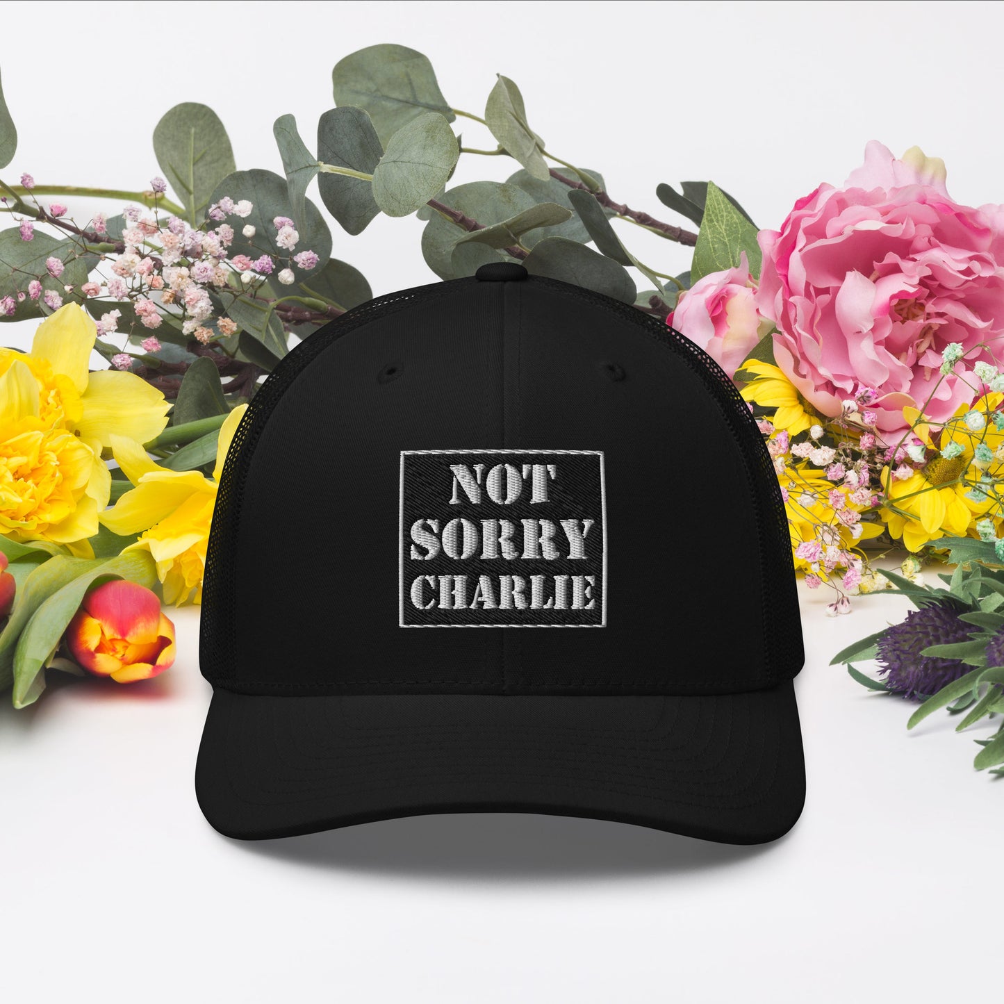 “Not Sorry Charlie" Logo-Trucker  Cap- Black