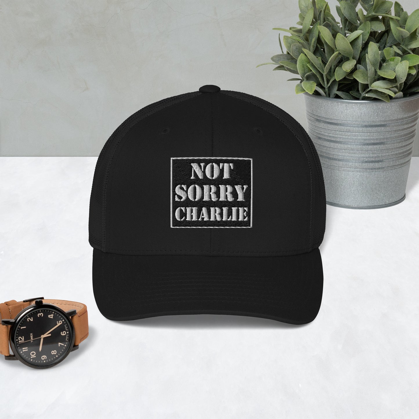 “Not Sorry Charlie" Logo-Trucker  Cap- Black